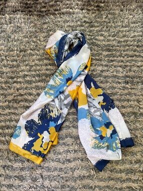 New! Abstract Floral Satin Scarf in Mustard, Navy & Sky Blue Accents